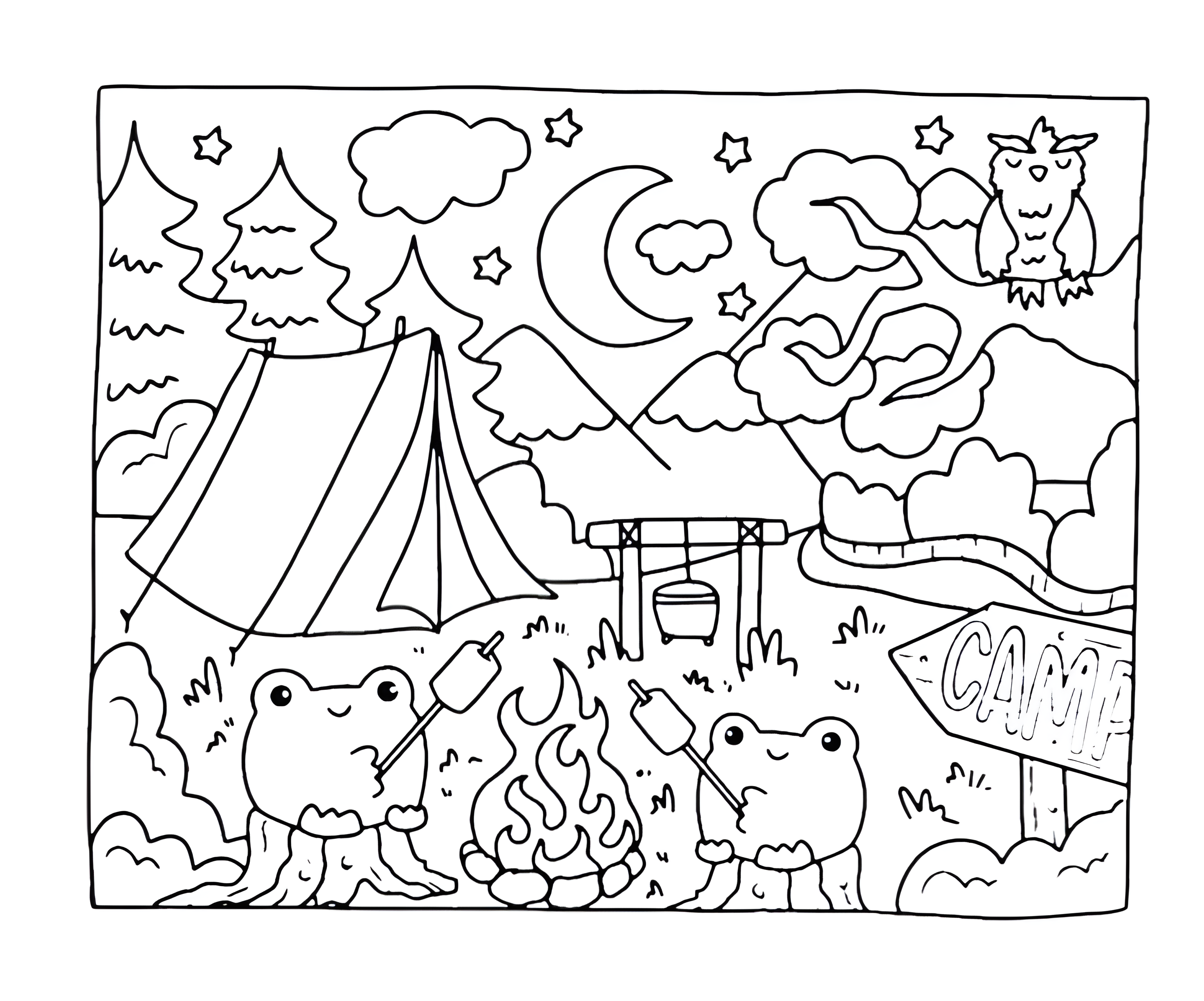 Dois sapos assam marshmallows junto à fogueira, com barraca, lua e coruja: acampamento com sapos Bobbie Goods para colorir.