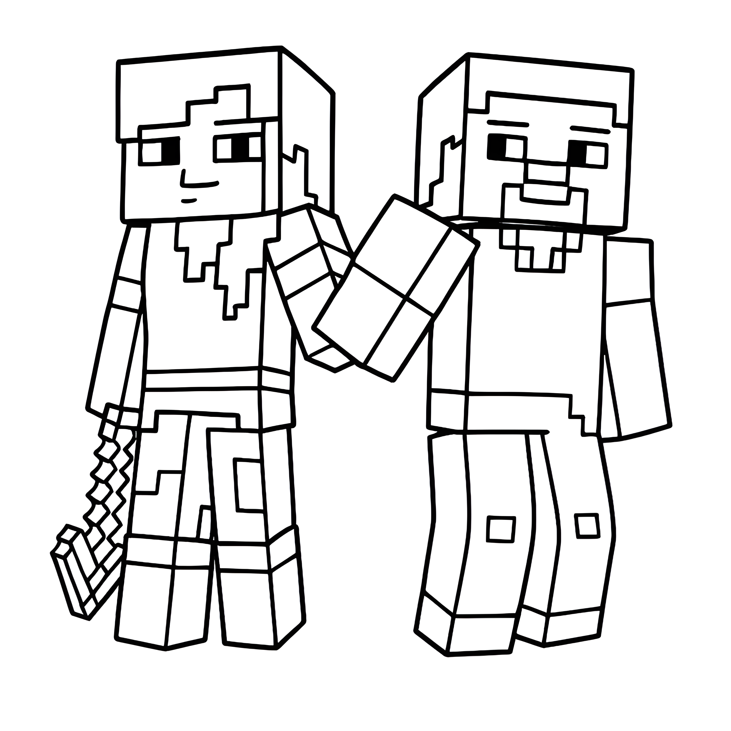 Desenho de Alex e Steve do Minecraft para colorir, em pé lado a lado, com traços blocados e contornos pretos.
