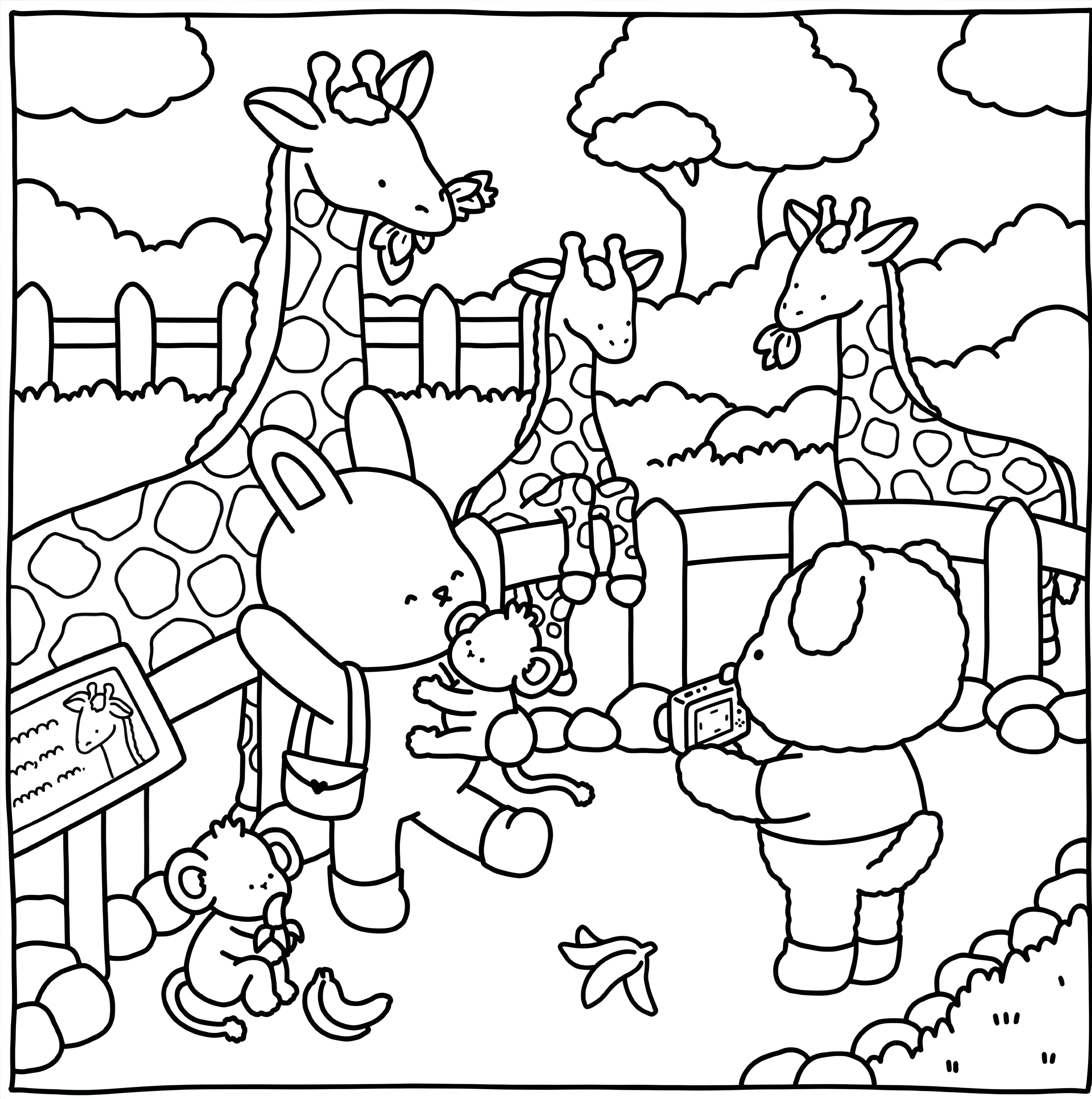 Desenho Bobbie Goods para colorir com três girafas, um coelho e macaquinhos no zoológico, enquanto um cordeiro fotografa a cena.