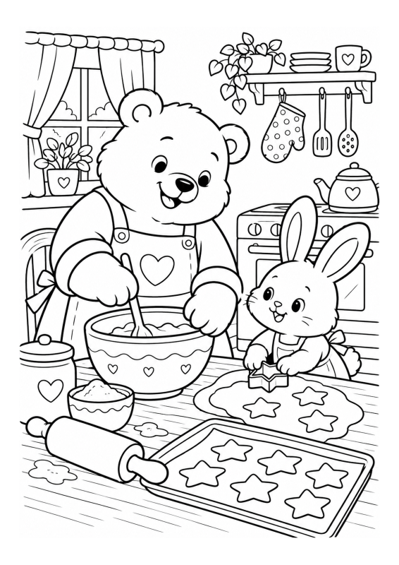 Urso e coelho preparando biscoitos em uma cozinha aconchegante, desenho original para colorir em A4 vertical.