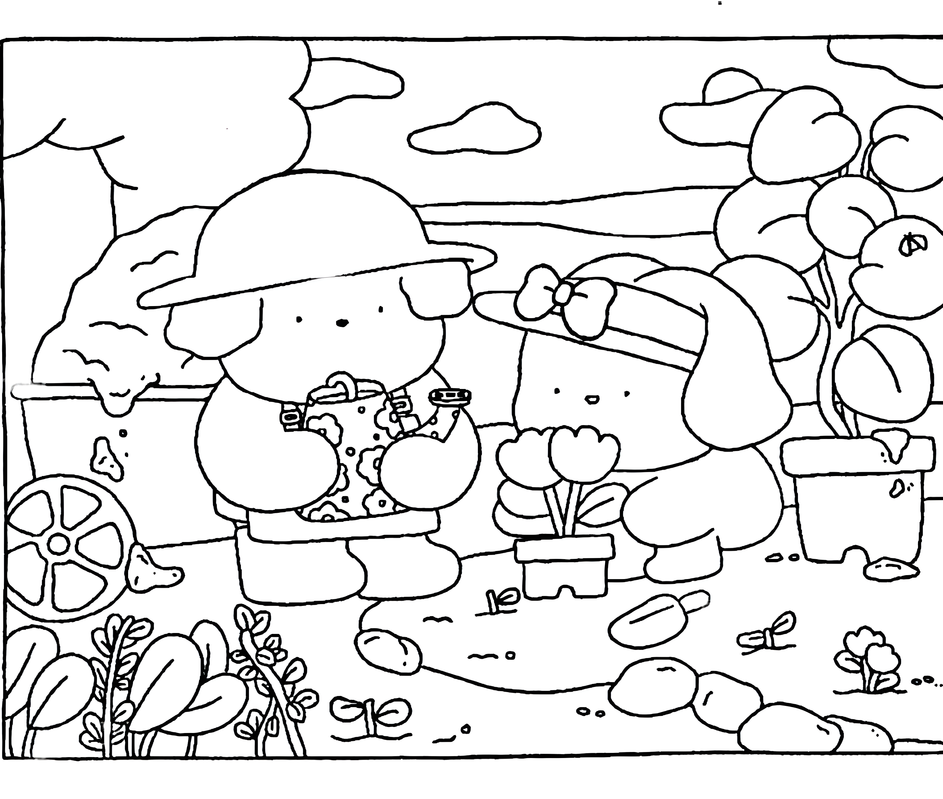 Dois cachorrinhos de chapéu cuidam de flores com um regador e uma pá, em um desenho Bobbie Goods para colorir.