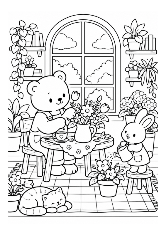 Urso e coelho cuidando das flores em um jardim aconchegante, desenho para colorir em A4 vertical