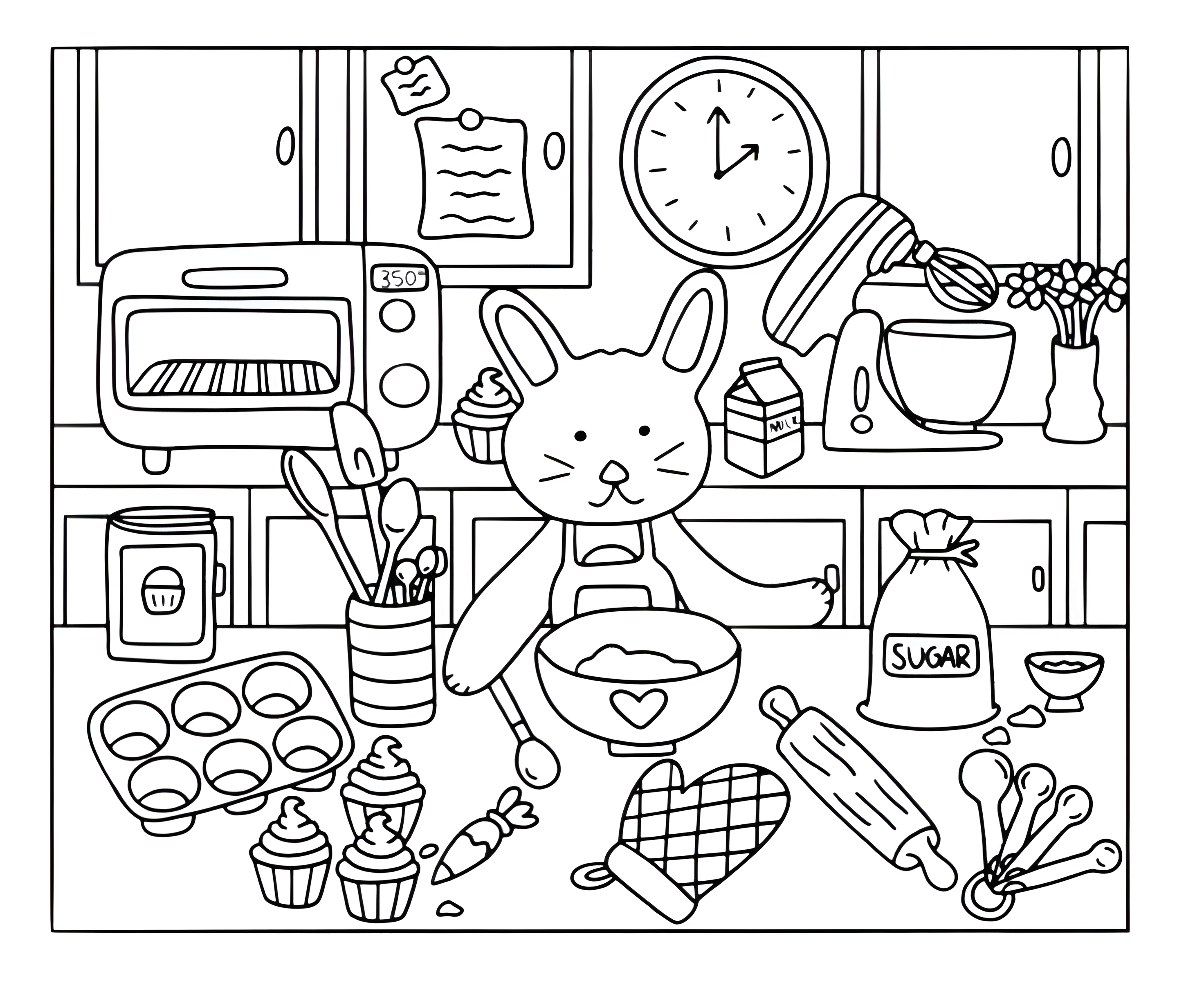 Gatinho prepara uma receita entre utensílios e ingredientes em uma cozinha, em cena Bobbie Goods para colorir.