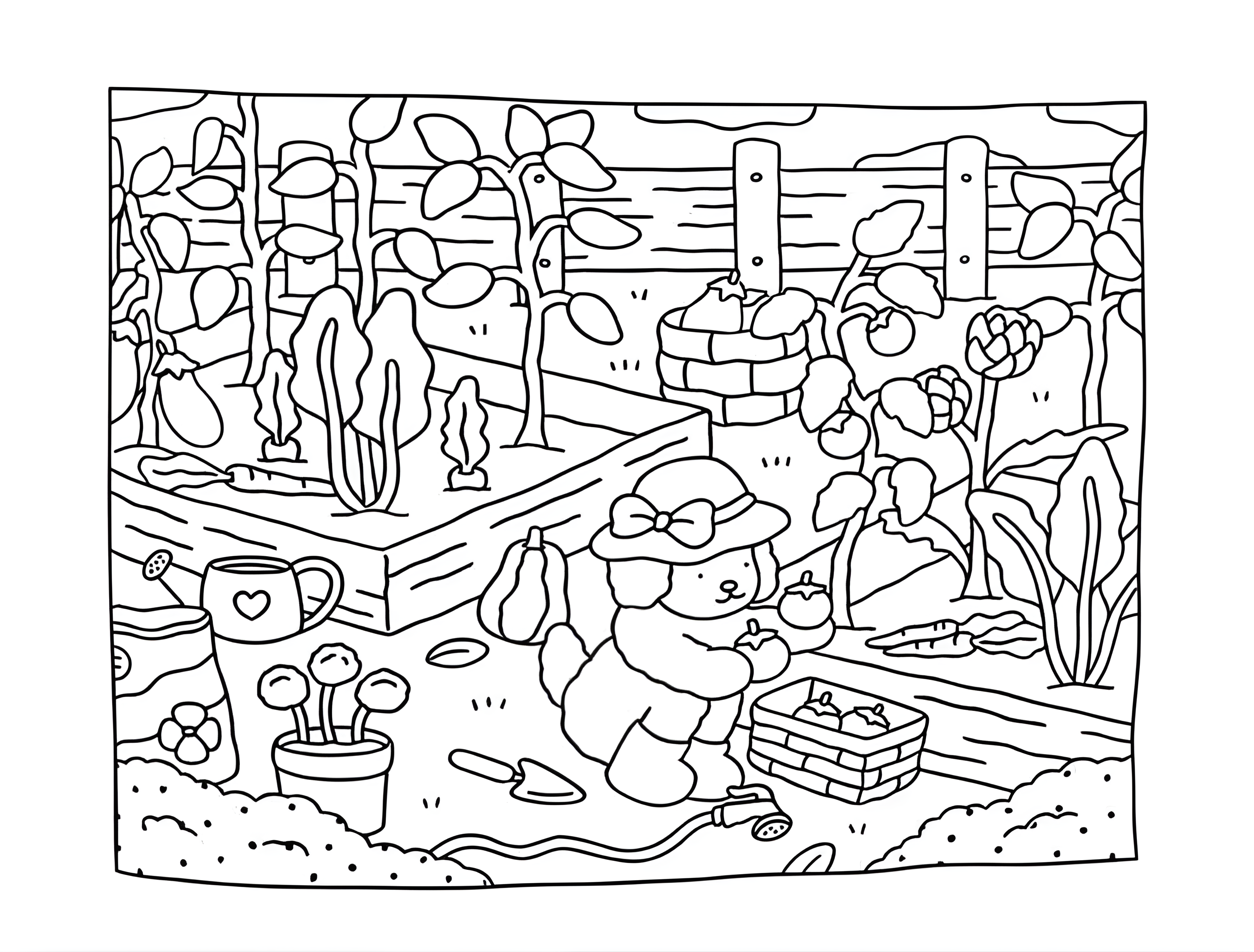 Bobbie Goods para colorir: ursinho de chapéu colhe legumes perto de um poço, entre canteiros, flores e uma cerca.
