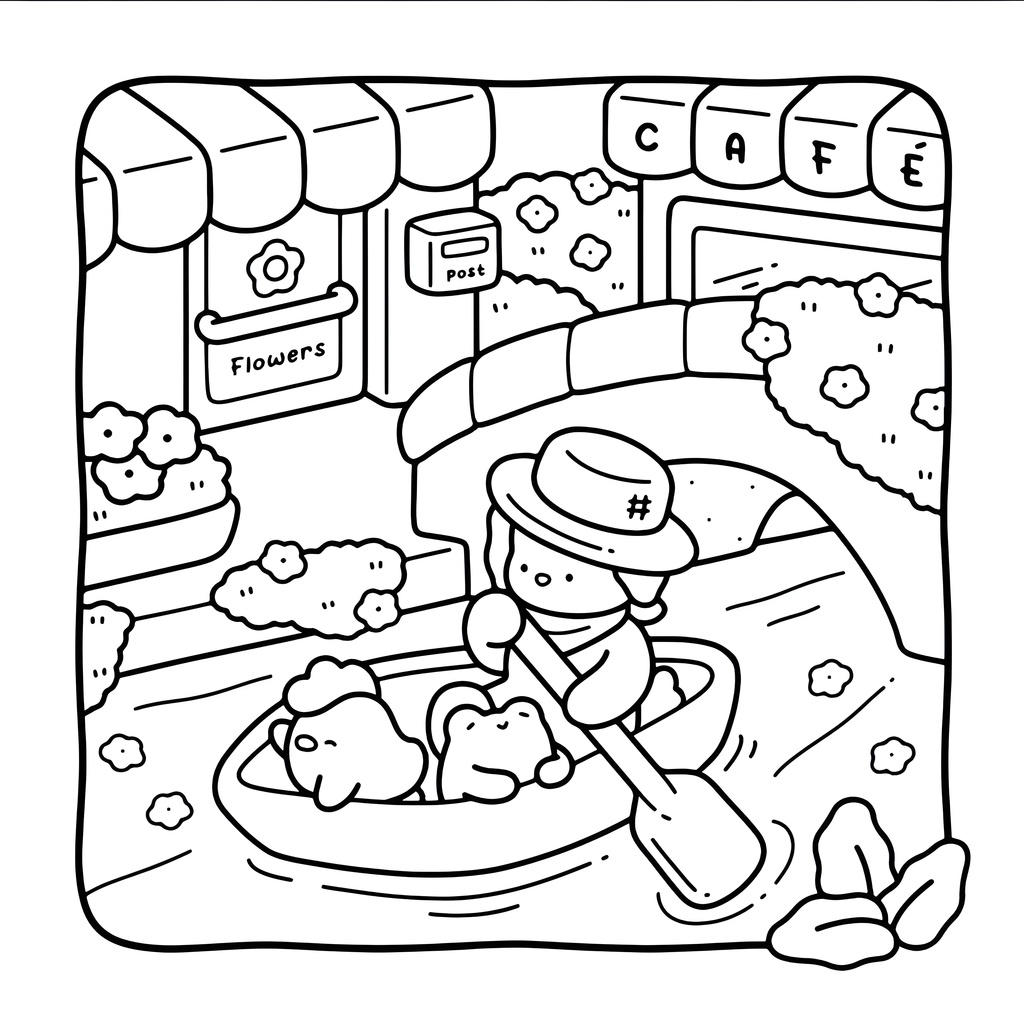Uma pessoa de chapéu rema com dois sapos diante de uma ponte e um café, em um desenho Bobbie Goods para colorir.