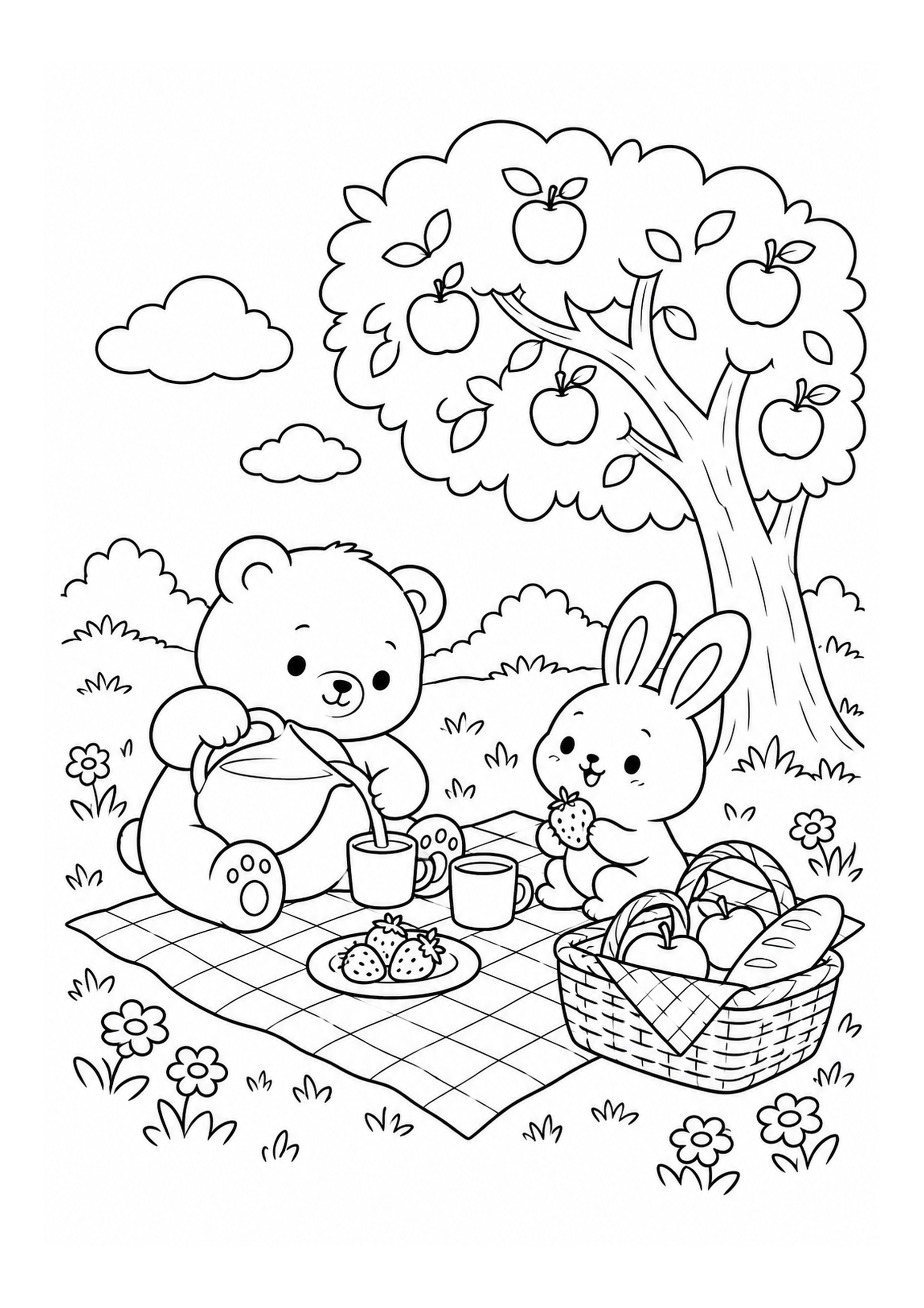 Urso e coelho fazendo um piquenique sob uma macieira, desenho original para colorir em A4 vertical.