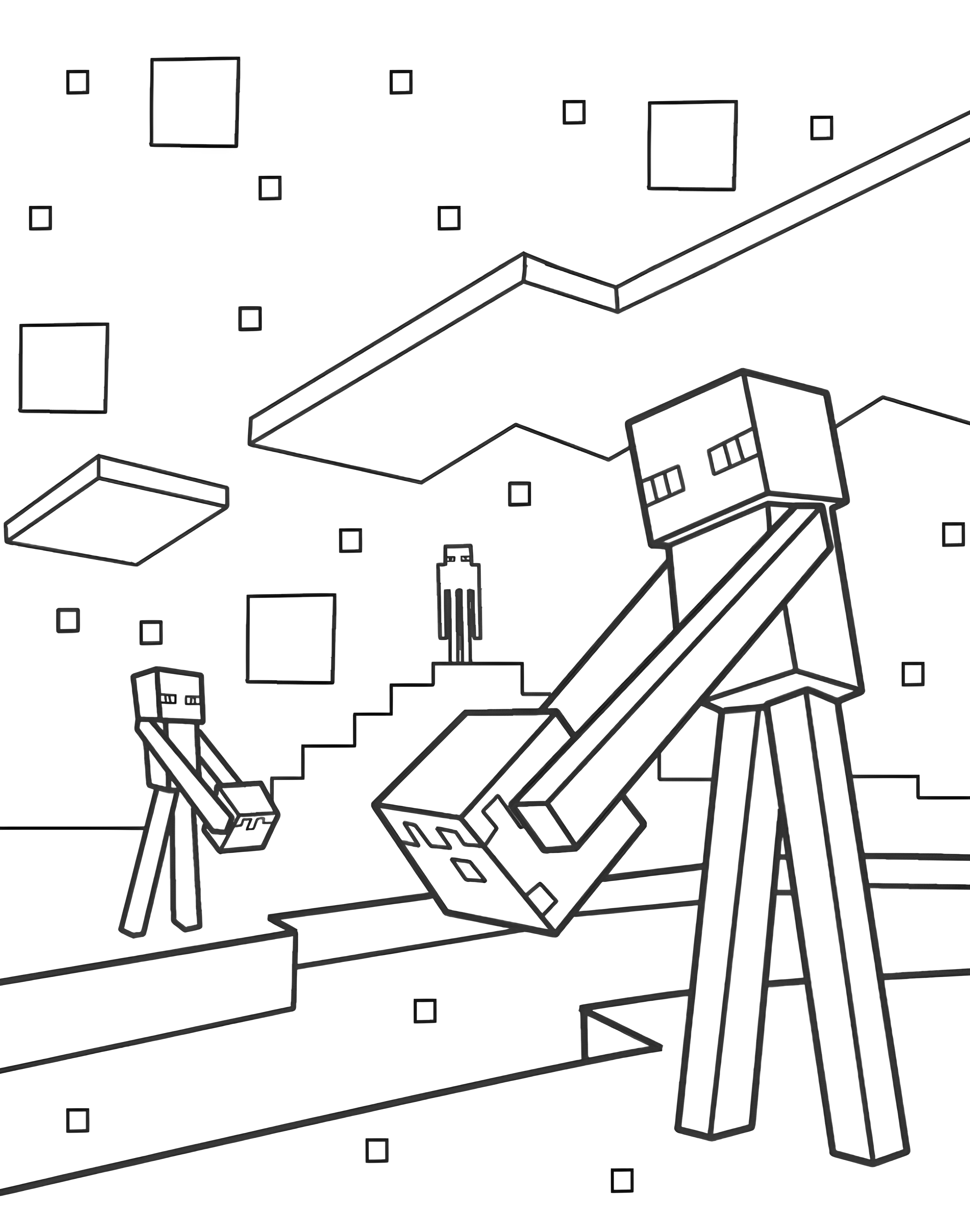 Desenho de Enderman do Minecraft para colorir, segurando um bloco, com outro Enderman ao fundo e blocos flutuantes na cena.