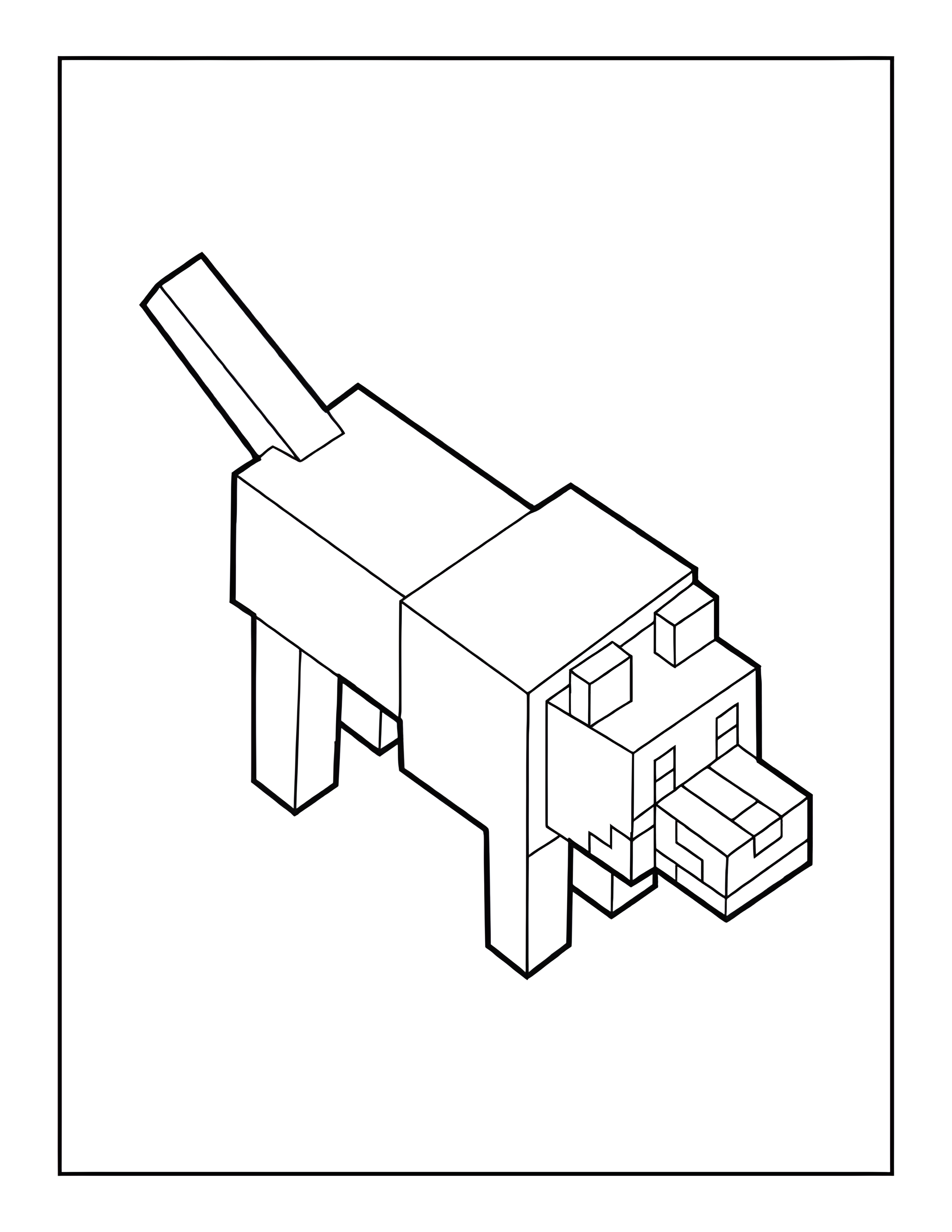 Lobo do Minecraft para colorir, desenhado em blocos, com cauda erguida, quatro patas, focinho retangular e orelhas quadradas.