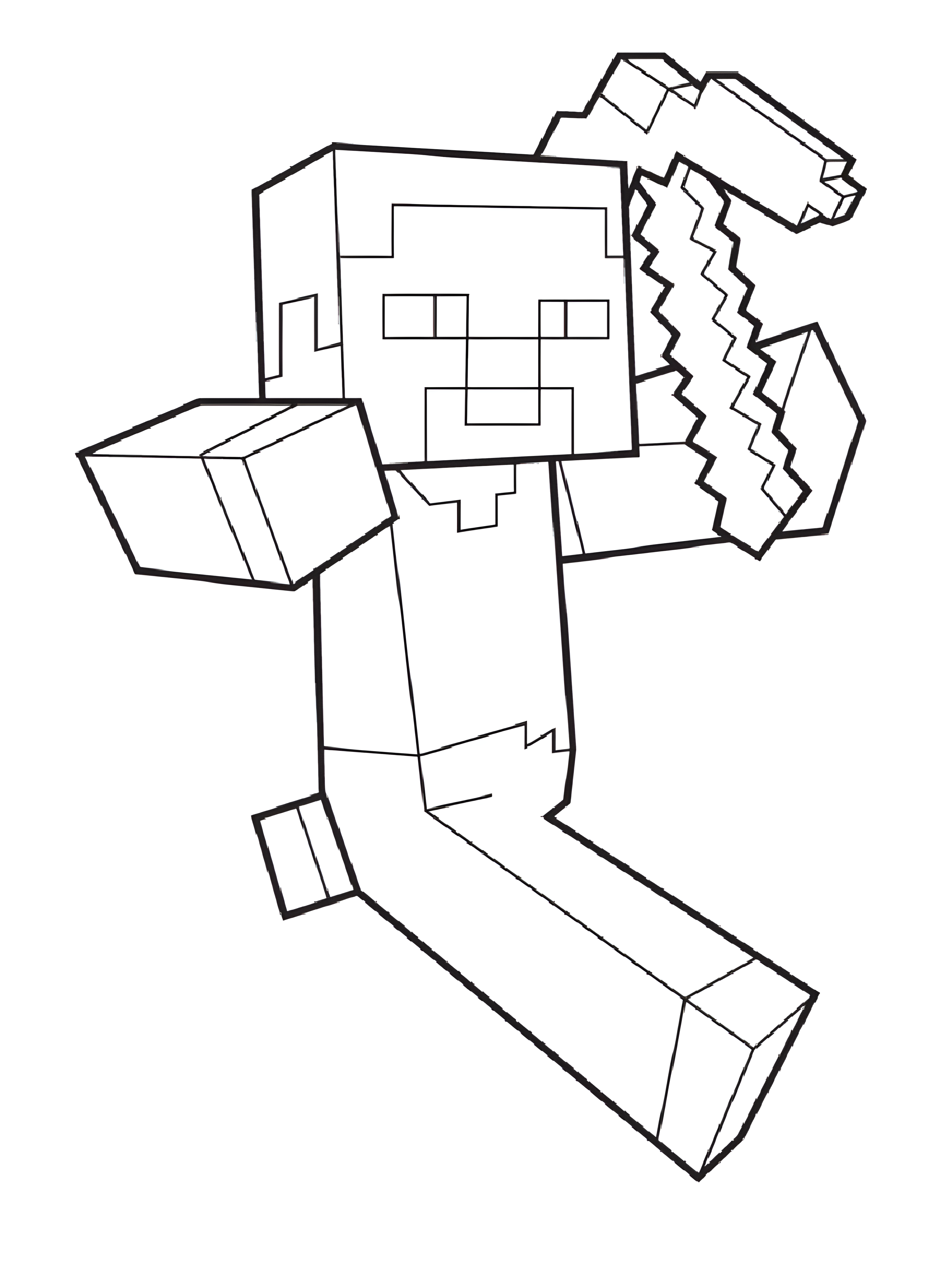 Steve do Minecraft para colorir, com uma picareta erguida, um braço à frente e as pernas em movimento.